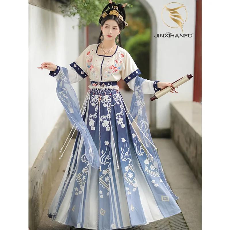 JINXIHANFU Original Design New Flower Half Arm Printed Ru Skirt Middle Antique Three-piece Hanfu Dress Women