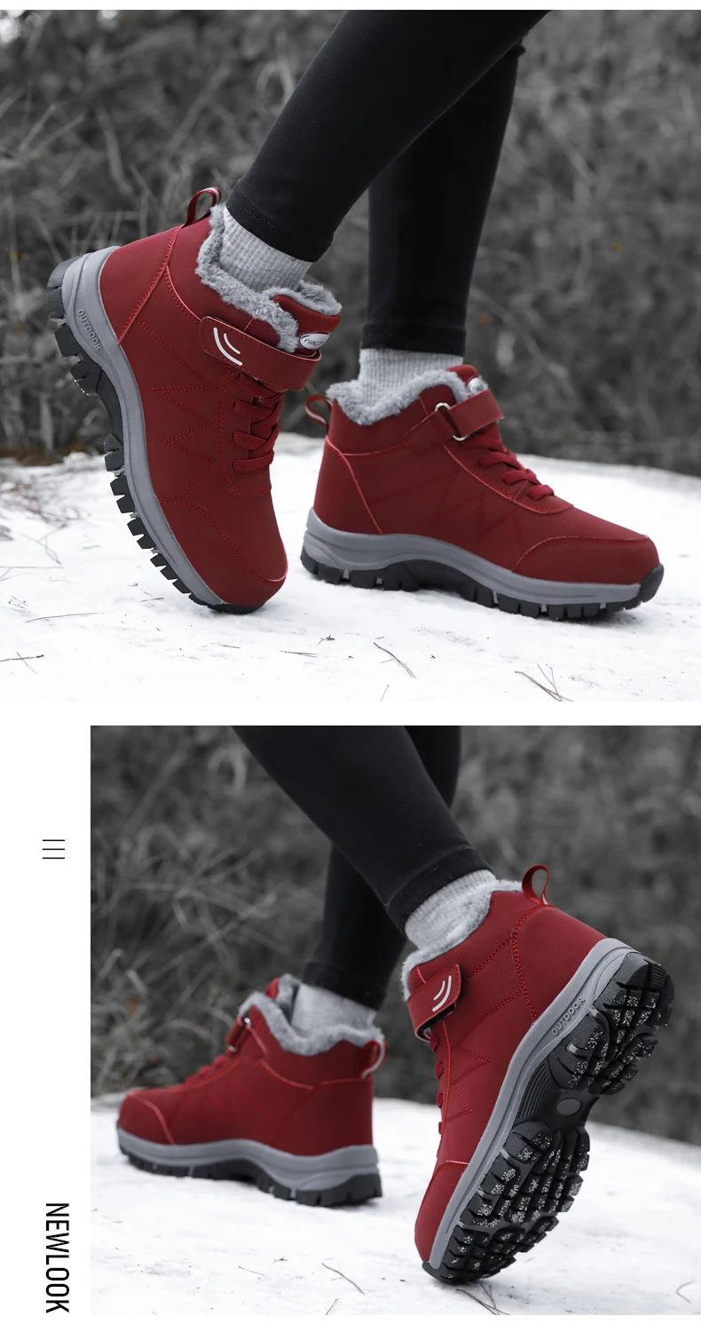 Winter Women Men Boots Plush Leather Waterproof Sneakers Climbing Shoes Unisex Outdoor Non-slip Warm Hiking Ankle Boot Man