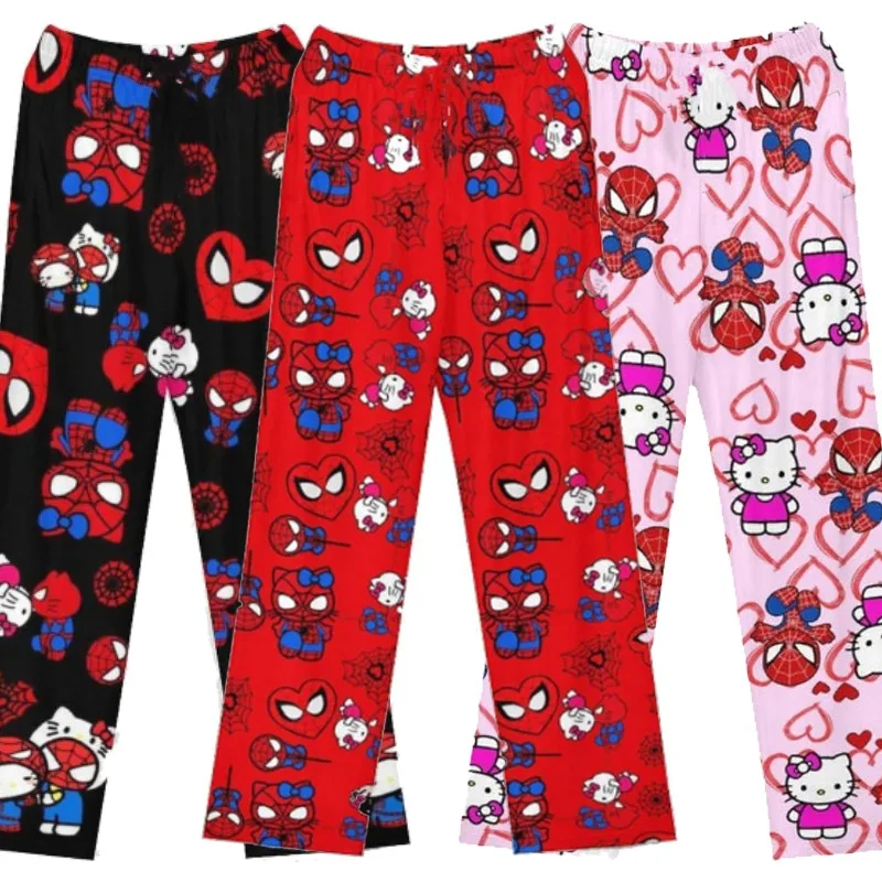 

Хлопковые свободные женские пижамные штаны Hello Kitty, пижамные брюки, женские и мужские штаны для сна с мультяшным рисунком, одежда для отдыха, весенние штаны для сна для девочек