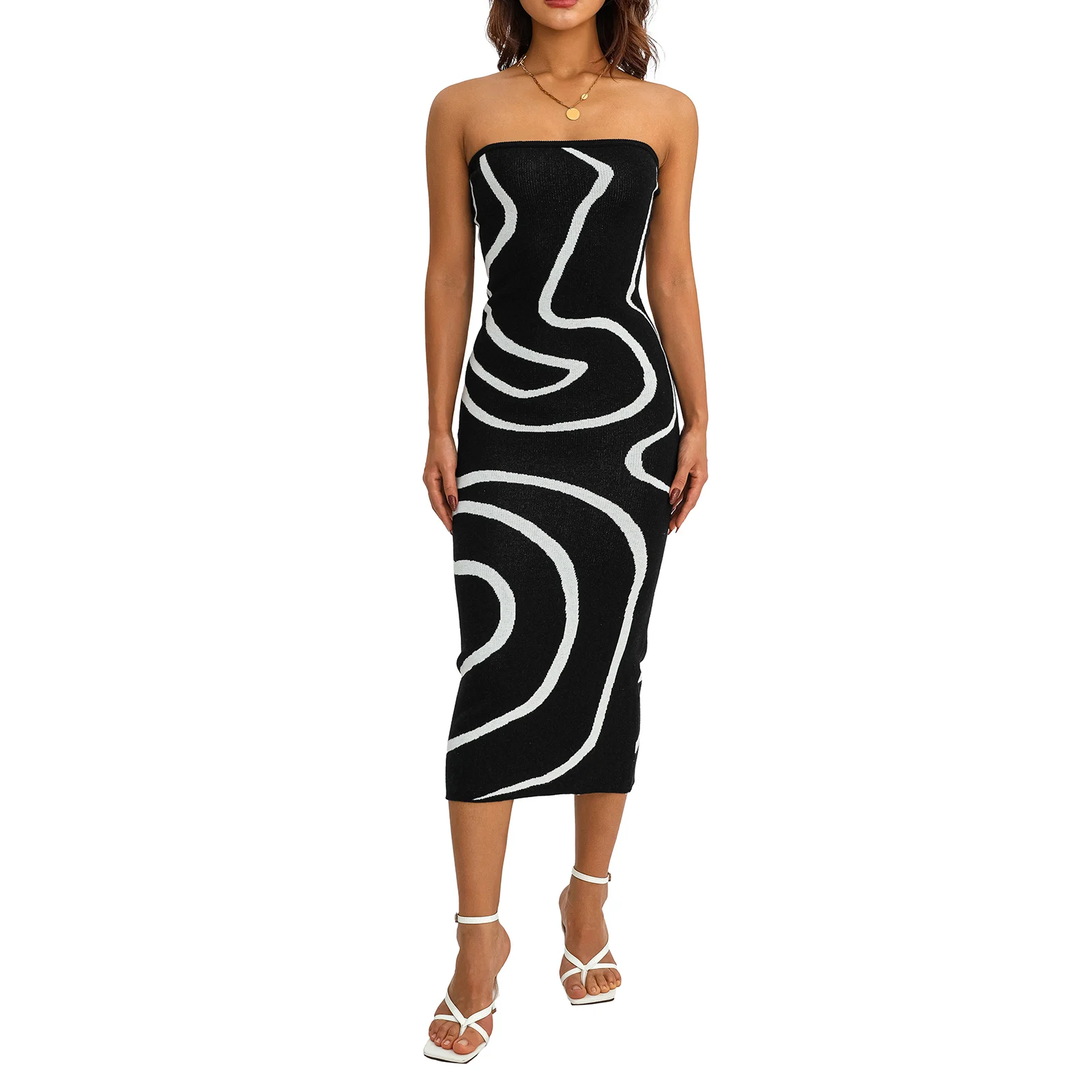 

Musuos Vintage Party Printed Midi Dress Women Off Shoulder Sleeveless Backless Strapless Knit Bodycon Dress Female Streetwear