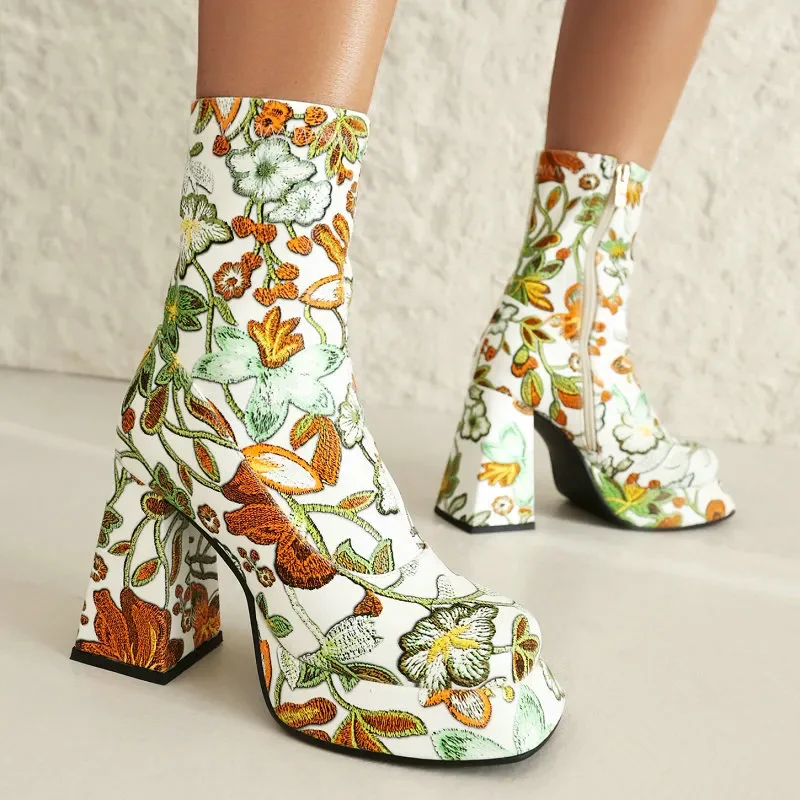 

Floral Print Solid Black White Color Quality Made Women Shoes Winter Autumn Block High Heels Zipper Platform Ankle Stretch Boots