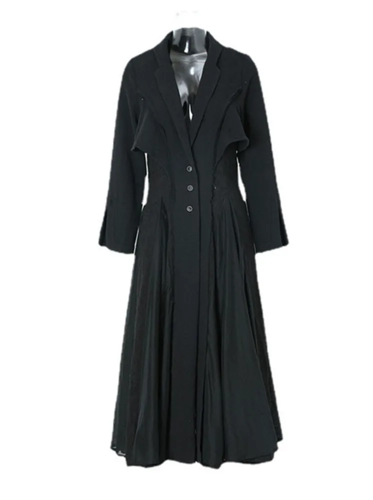 

Women Beige Pleated Liene Long Elegant Dress New Lapel Neck Long Sleeve Loose Fit Fashion Tide Spring Autumn O002