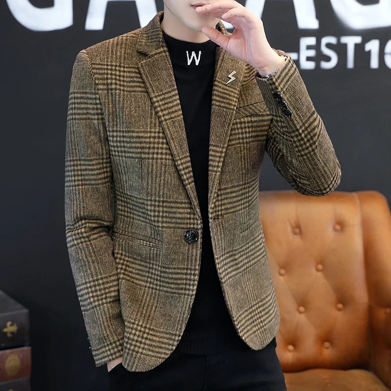 2024 New Men 2022 Autumn Winter Fashion Handsome Korean Version of The Trend Plaid Single West Coat Business Casual  Blazer 3