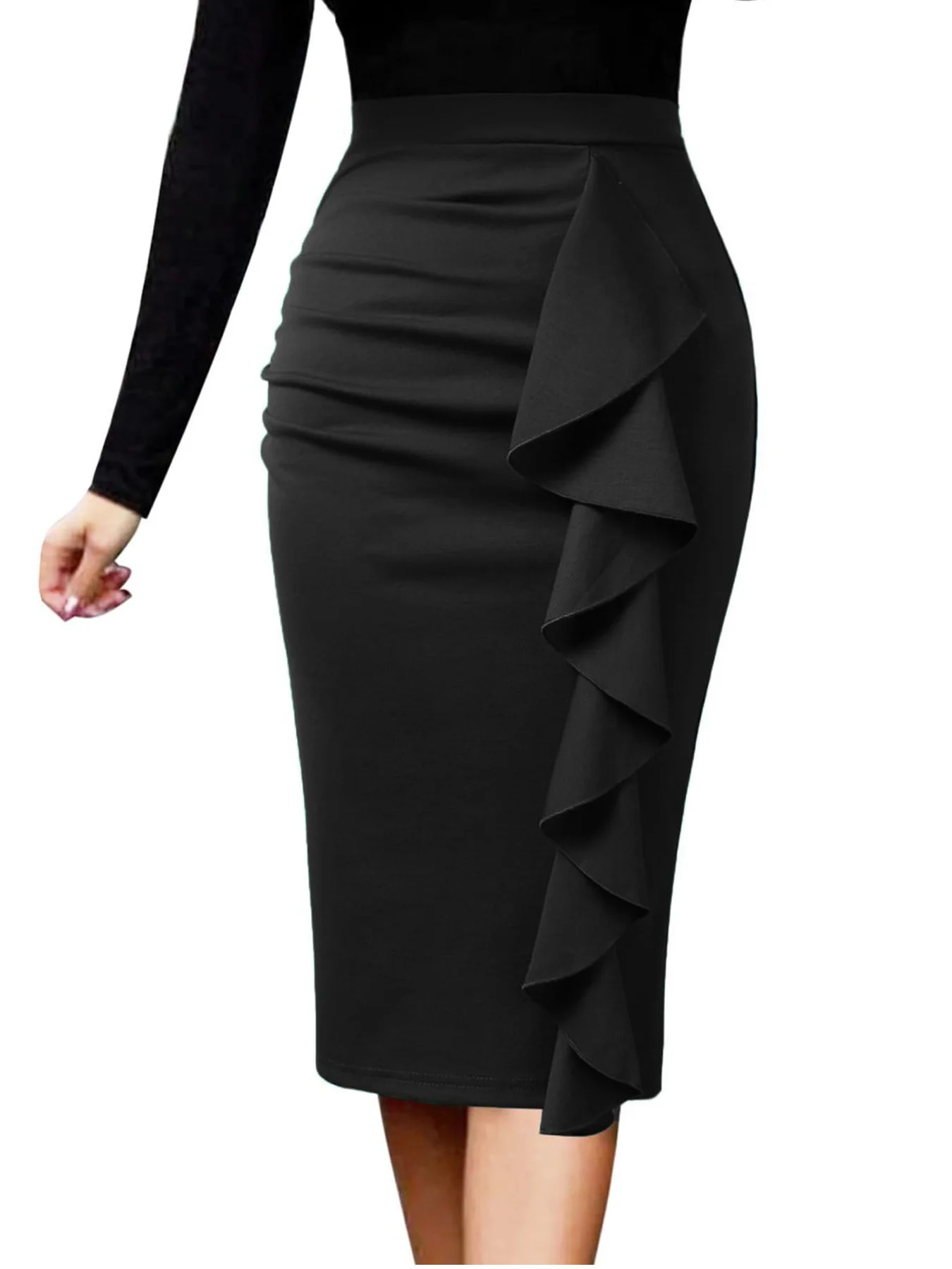 Women's Casual High Waist Skirt for Work Wear Knee Length Skinny Style Ruffle Side Slit Hip Skirt 1