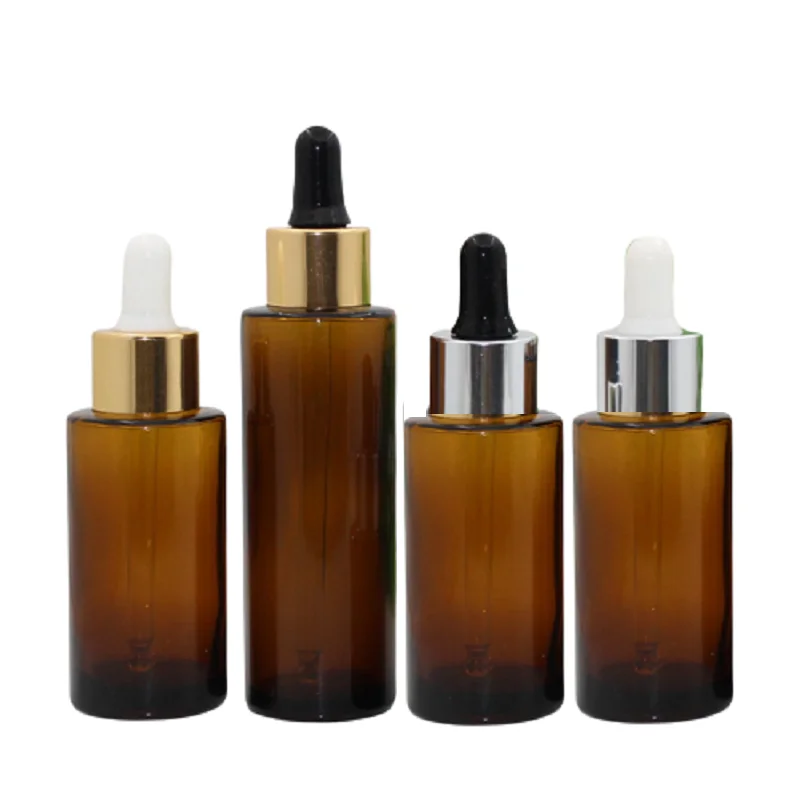 

20/30/40/60ml Flat Shouder Clear Brown Glass Pipette Refillable Bottle Gold Silver Ring Empty Cosmetic Essential Oil Vials 10pcs