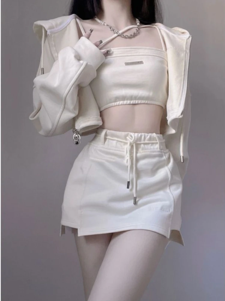 

Three Piece Set Women Long Sleeve Zipper Short Hoodies Tube Top Irregular Mini Skirts Tracksuit Fashion Female Slim Spring Sets
