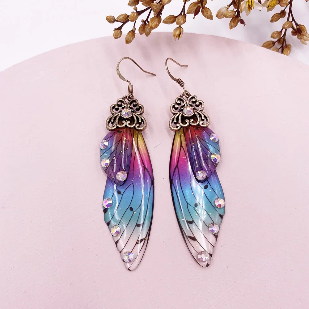 Fairy Rainbow Gradient Resin Butterfly Wing Rhinestone Glitter Earrings