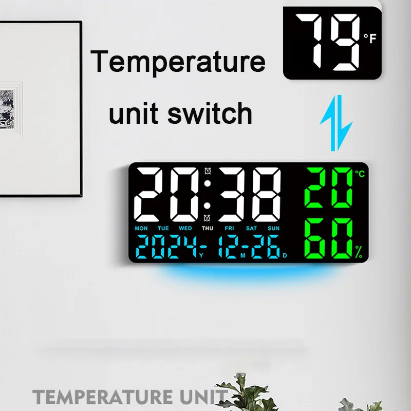 Digital Wall Clock Mood Lighting Temperature Humidity Timing Countdown 2 Alarm Auto Dimmer Plug in Use LED Alarm Clock Remote 4