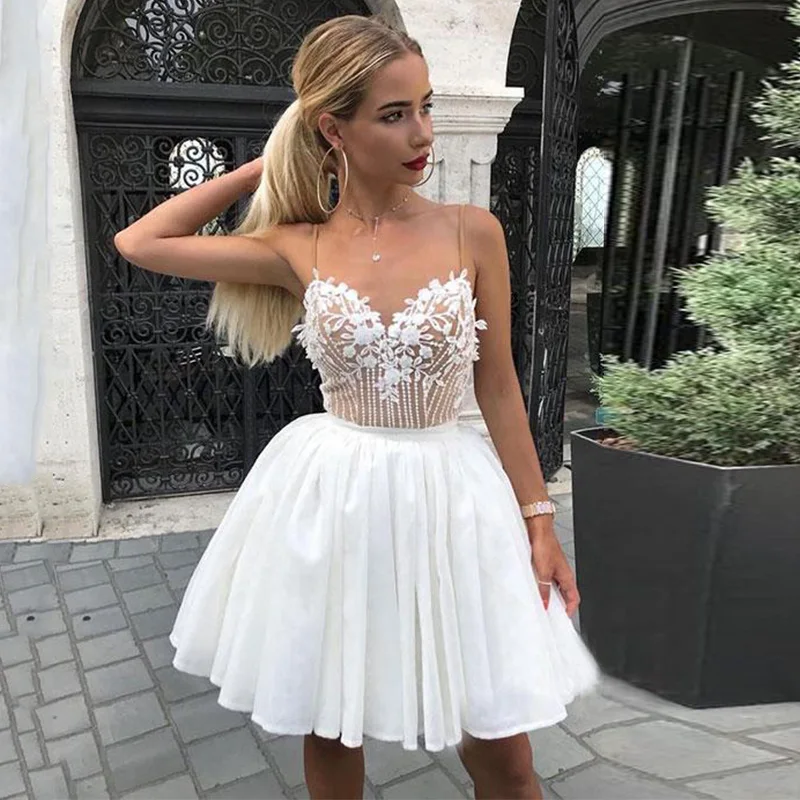 

Doymeny Short Prom Dress Spaghetti Strap Appliques Beaded Chiffon Lace A-line Cocktail Dresses Mini Homecoming Gowns