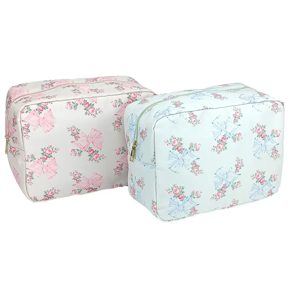 4 Sizes Cosmetic Bag Pink Blue Printed Bow Cosmetic Bag Waterproof Ladies Nylon Cosmetic Organizer S M L XL