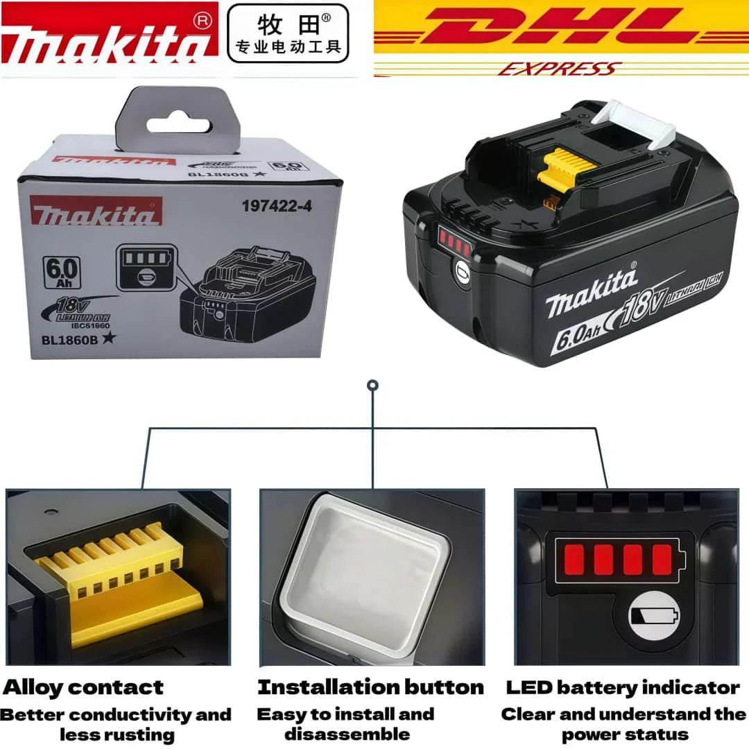 100% 오리지널 Makita 18V 6Ah 충전식 리튬 배터리, 18V BL1830 BL1850 Makita BL1860B 전동 공구 배터리 교체