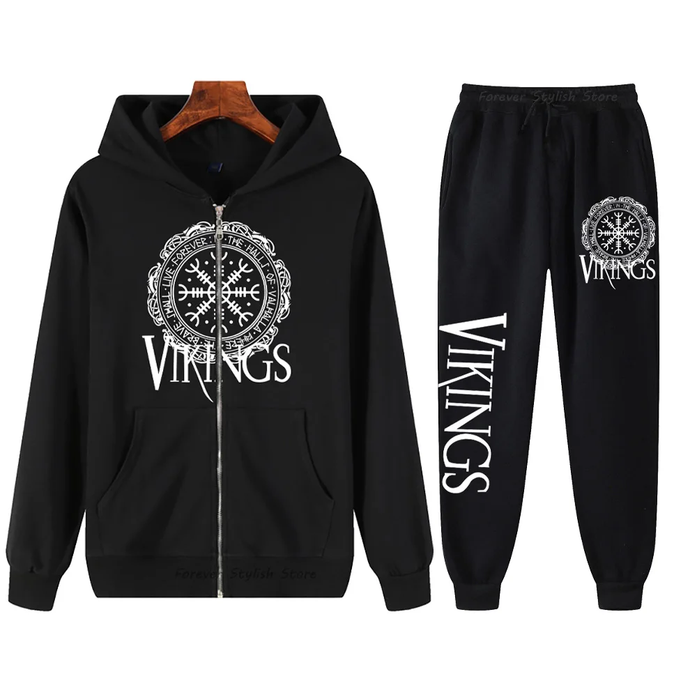 

European and American Trend Jacket Zip Jacket Casual Pants Black Hooded Sweatshirt Streetwear Zipup Jackets Gothic Trousers