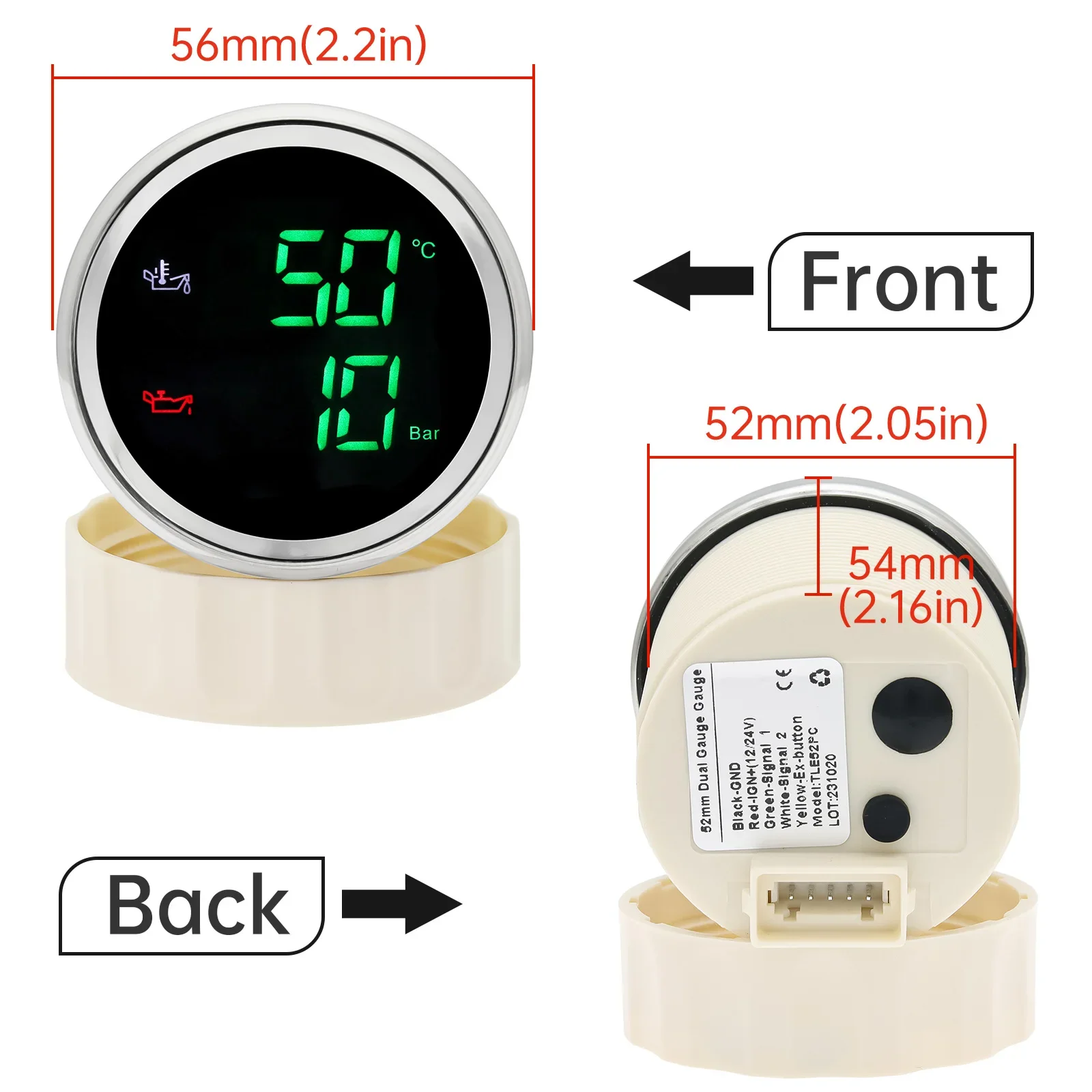 Digital Display Gauge Automotive Gauge Digital 2 IN 1 Oil Temperature+Oil Pressure Gauge 52mm Gauge with Oil Press/Oil Temp Sensor for Car Boat 12V 24V