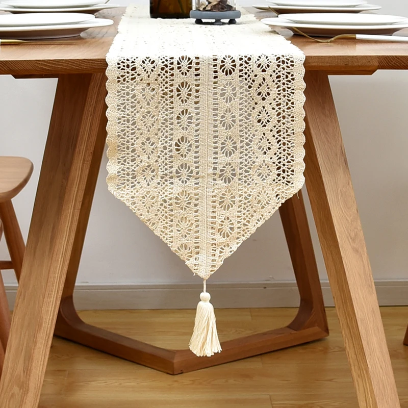 Vintage Beige Crochet Lace Table Runner with Tassel Trim - Elegant Cotton Blend Fabric for Coffee Table or Wedding Decor