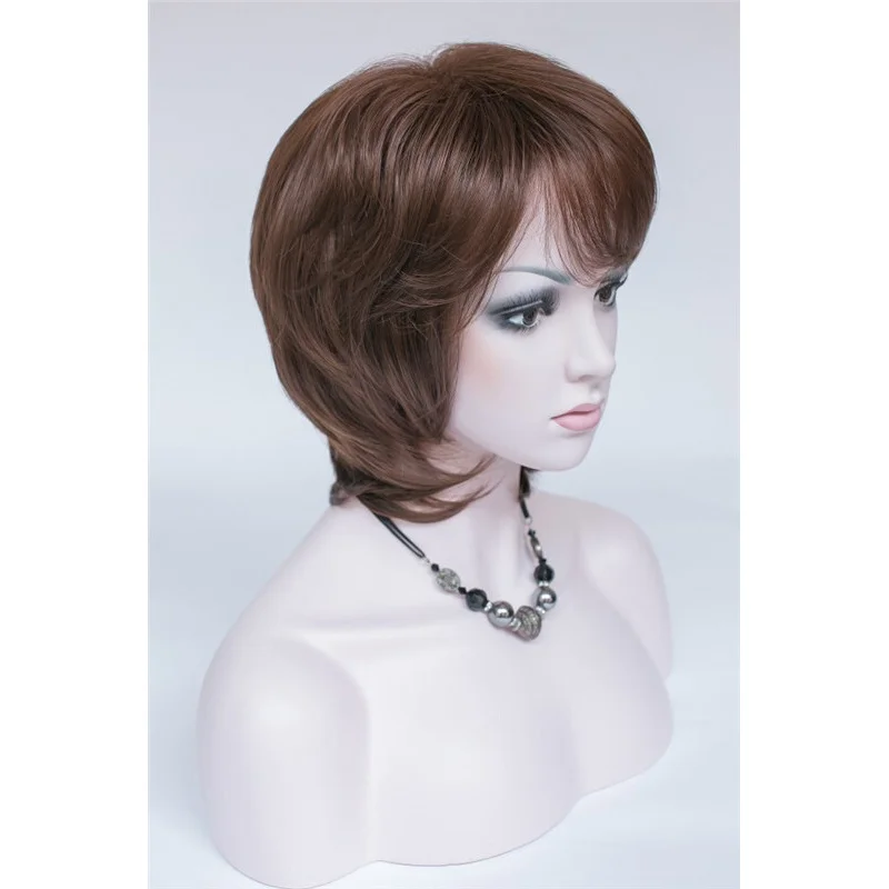 여성 가발 숙녀 가발 짧은 직선 다크 브라운 레드 합성 머리 가발