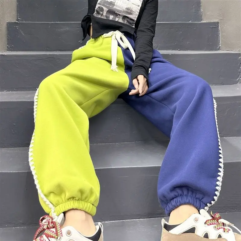 2023 Autumn/Winter New Trendy and Personalized Two tone Shake Lace and Velvet Guard Pants Casual Pants