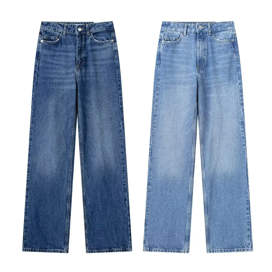 

Women New Fashion High Waist Straight Long Jeans Vintage Mid Waist Button Zipper Pocket All-match Casual Chic Female Pants Mujer