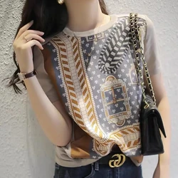 Print Satin Short Sleeve T Shirt Elegant Batwing Sleeve Aesthetic Clothing Summer Blouses For Women Free Shipping