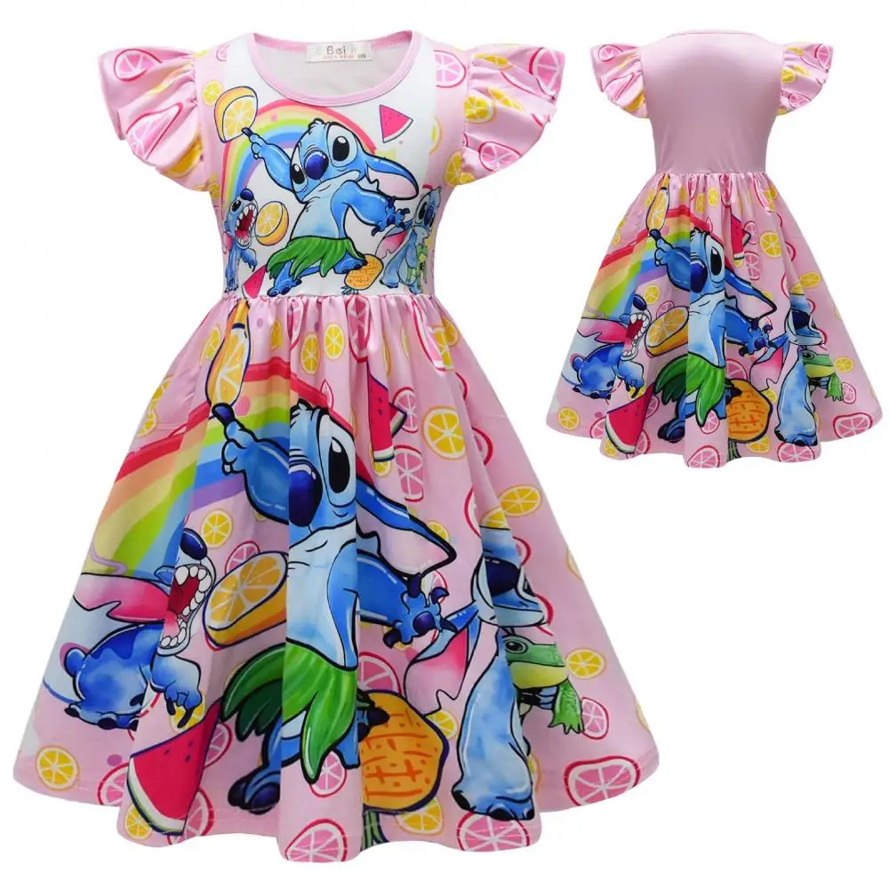 

Платье Kawaii Stitch Girl, летнее новое платье с мультяшным принтом и летающим рукавом, элегантное милое Повседневное платье для отпуска в стиле преппи