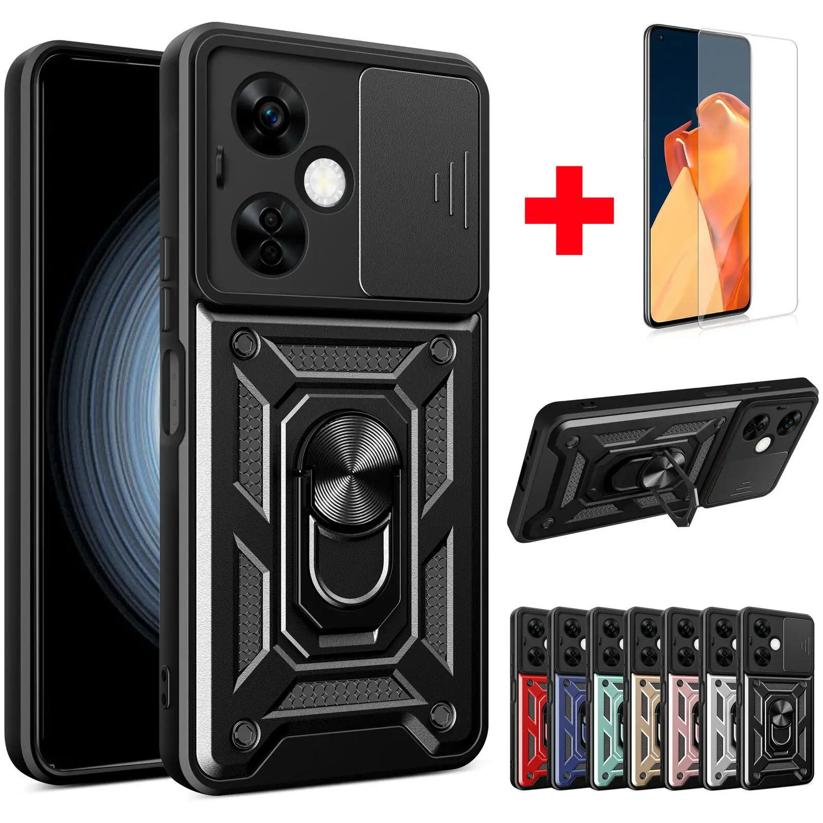 

Armor Slide Camera Lens Protection Phone Case For Oneplus Nord N30 CE 3 Lite Shockproof Ring Stand Cover+Tempered Glass