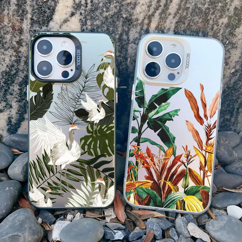 Tropical Monstera Palm Leaf & Bird Design Shockproof Phone Case with Laser Shell Finish