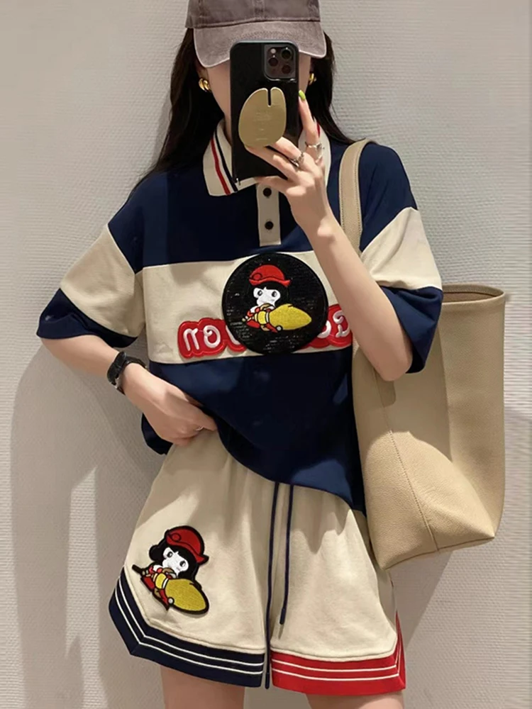 Letter Cartoon Casual Tracksuit Suit Women 2024 Summer Y2K Streetwear Short Sleeved Turndown Collar T-Shirt Shorts 2 Piece Sets