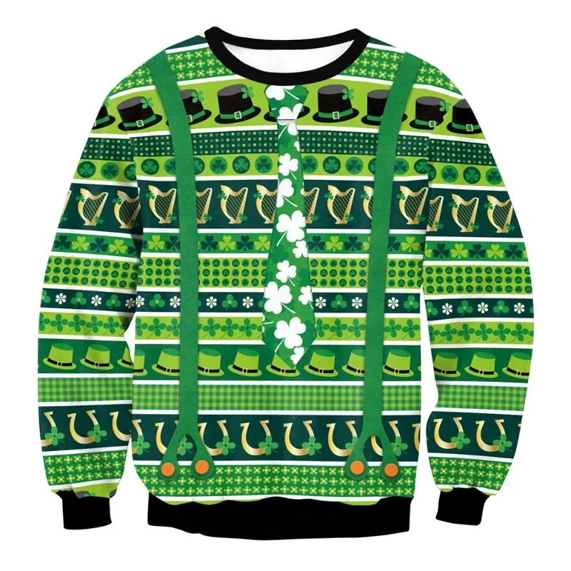 

2023 Irish St. Patrick's Day 3D Printed Round Neck Coat Long Sleeve Sweater Couple Pullover Top Street Leisure Trend Hoodies