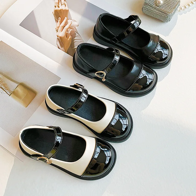 

Children Leather Shoes Fashion Patent Leather Girl's Flat Shoes Black White Vintage School 23-37 Toddler Kids Princess Shoes