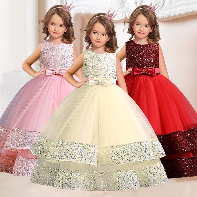 Girls' Sequins Bow knot Children's Princess Dress evening dress Fashion Pearl Cake Long Dress Christmas Banquet Host Show girls dress princess costume kids clothes