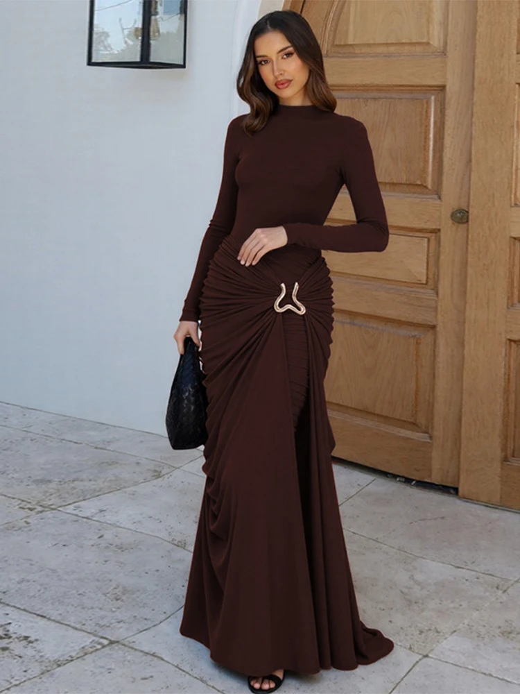 Nibber Metal Trim Maxi Dress Women o-Neck Ruched High Elasticity Autumn Trend Vacation Skinny Elegant Prom Party Chic Vestidos