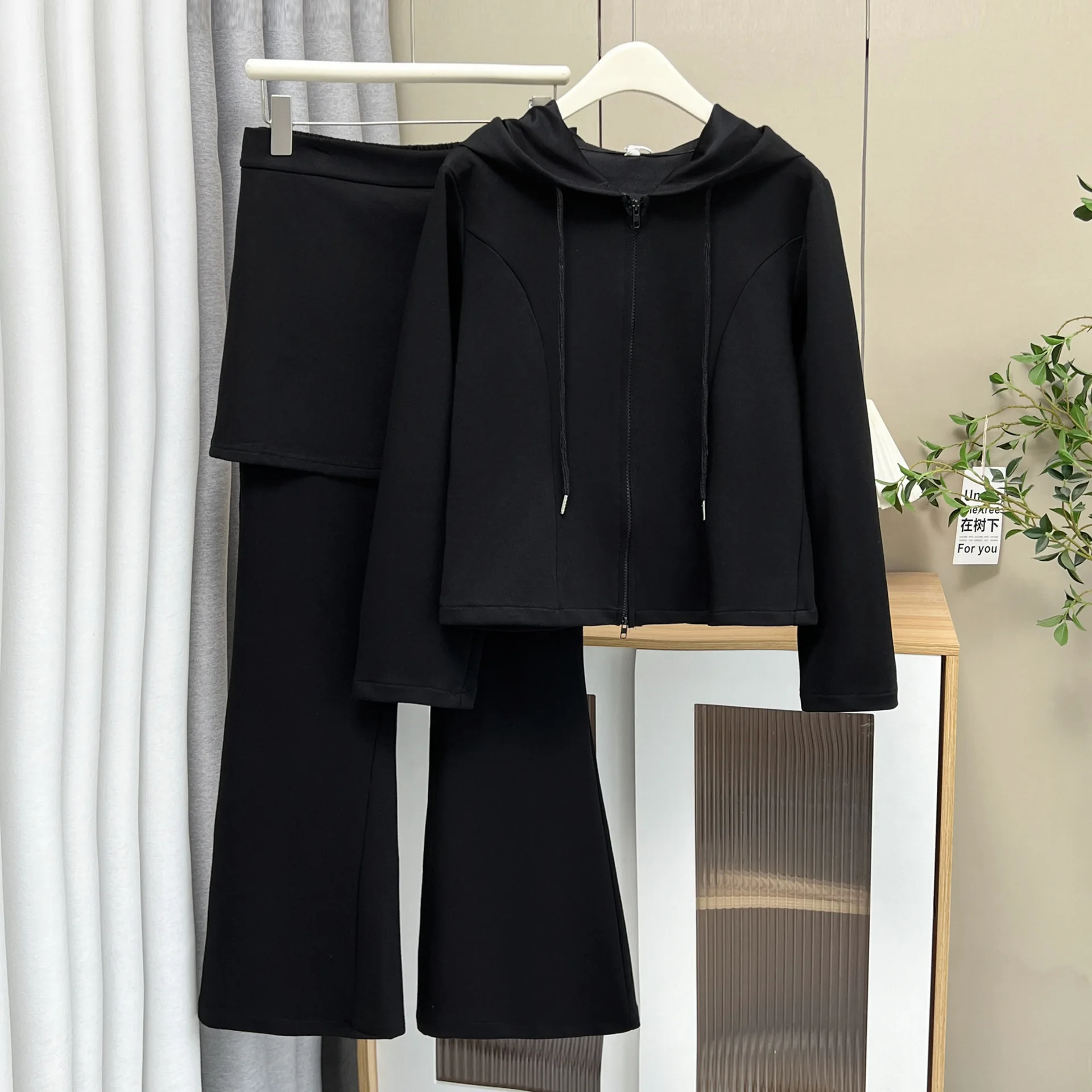 XXXXL Fashion Plus Size Women's Sets Casual Autumn Hooded Zipper Top And Flared Long Pants Two Pieces Set