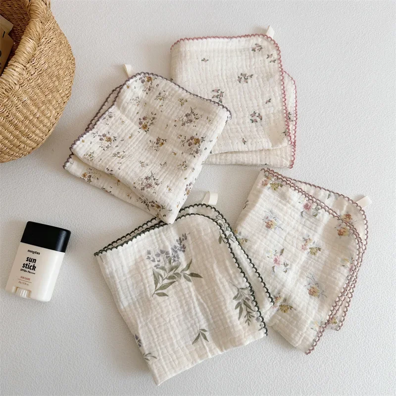 Four in a Set Cotton Gauze Baby Washcloth Towel Floral Ins Style Baby Bath Soft Square Towel Children Absorbent Handkerchiefs bath towel baby towel