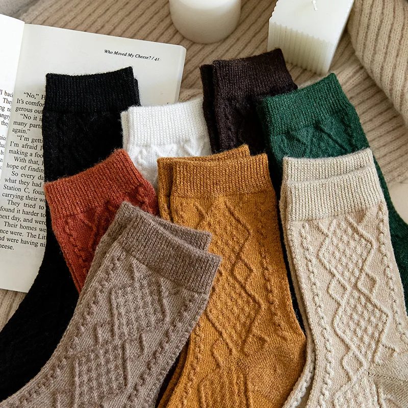 Chaussettes thermiques en laine de cachemire pour femmes et filles, chaussettes longues rétro Harajuku, chaussettes d'équipage vintage, monochromes, style japonais, streetwear d'hiver