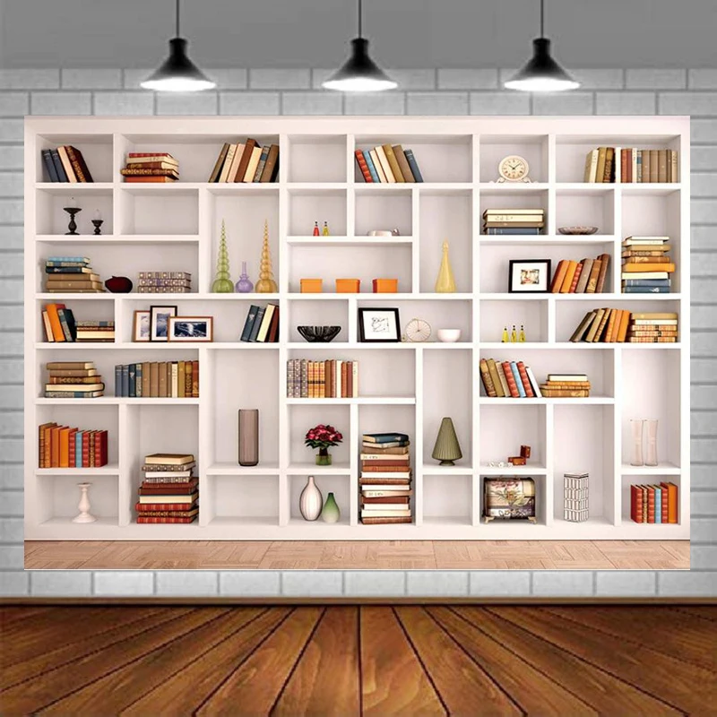 White Bookshelf Photography Backdrop Bookcase Office Video Conference
