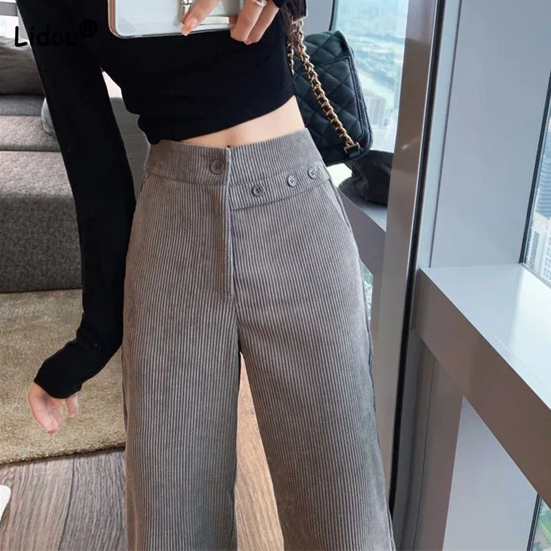 Autumn Winter Korean Fashion Button Spliced High Waist Pants Women's Clothing Casual All-match Solid Thick Corduroy Trousers