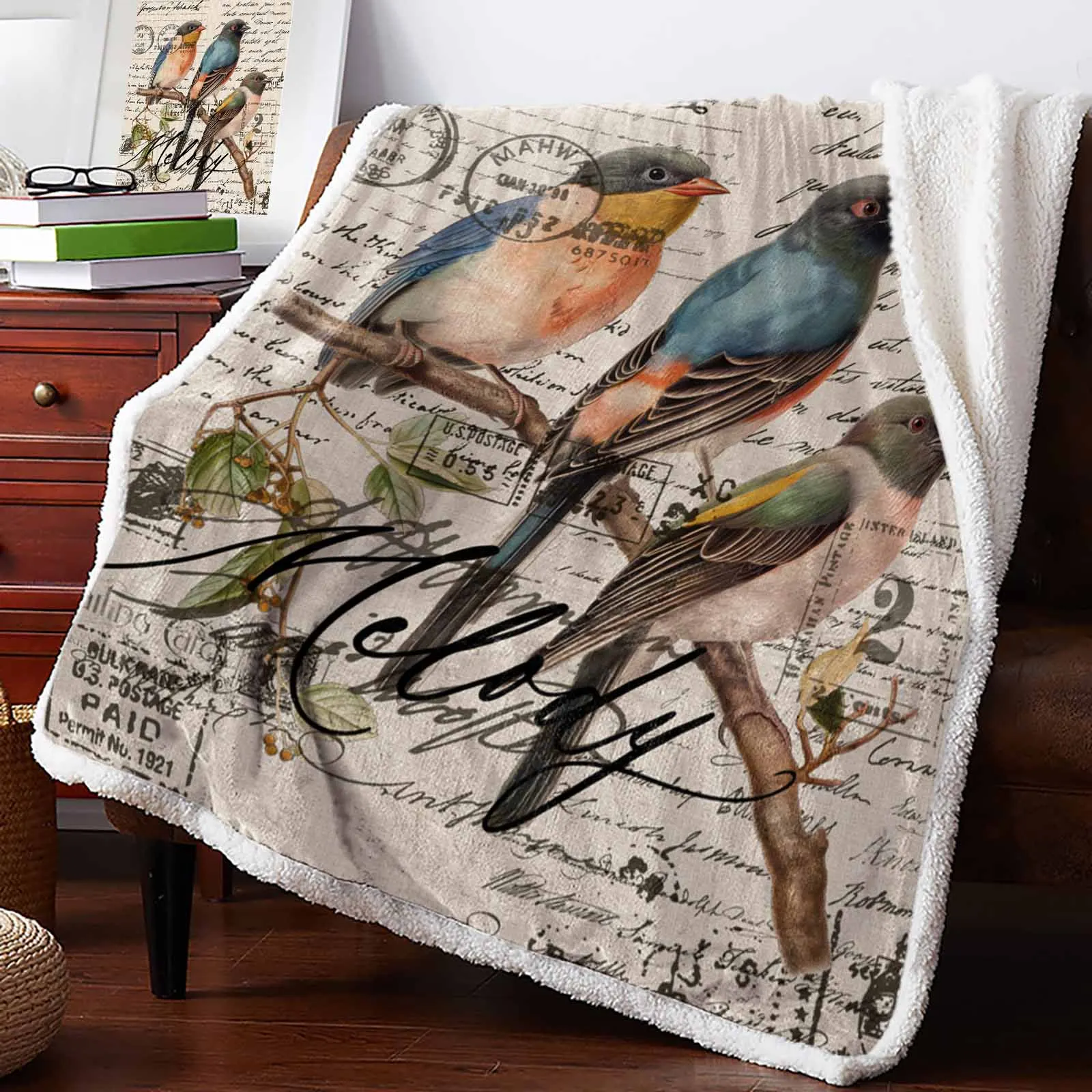 

Vintage Bird Hand Drawn Envelope Cashmere Blanket Warm Winter Soft Throw Blankets for Beds Sofa Wool Blanket Bedspread