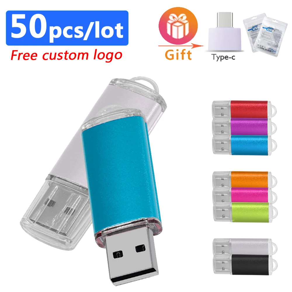 

50pcs/lot metal USB Flash Drive 2.0 colorful new pen drive 128gb 64gb memoria stick 32gb 16gb usb disk pendrive custom logo