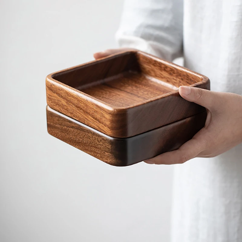 Nordic Style Stackable Plate Walnut Wood Plate Square/ Round Tray Tableware Household Simple Confectionery Fruit
