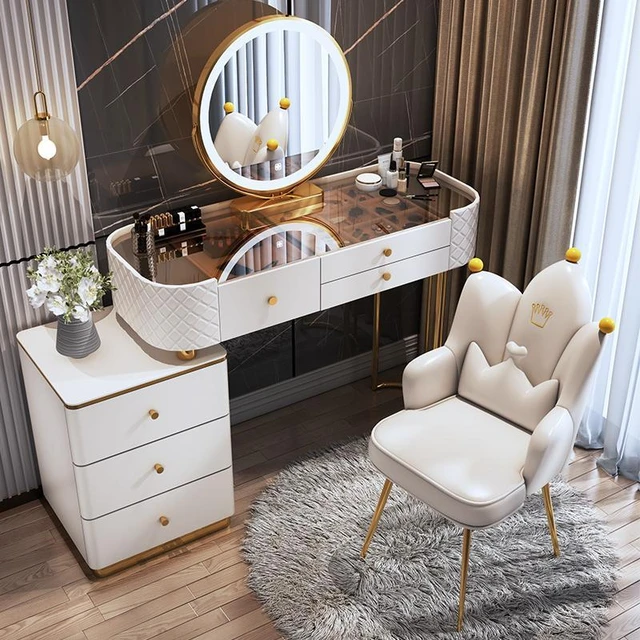 Tocador de dormitorio con espejo, tocador de lujo minimalista, taburete de  tocador, luz multifunción, lámpara de tocador, muebles - AliExpress