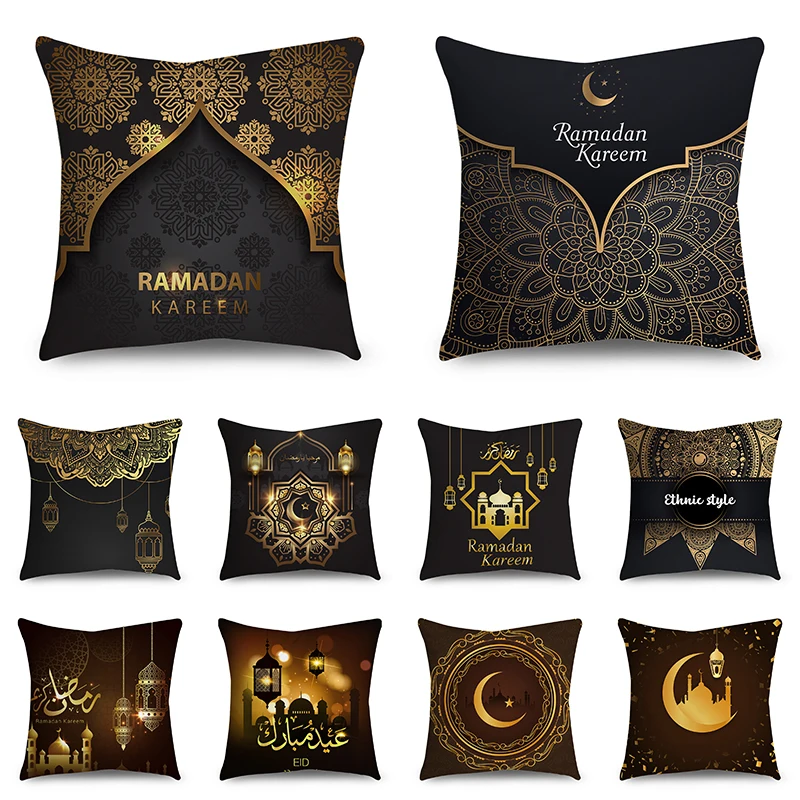 

Ramadan Cushion Cover Islamic Eid Mubarak Black gold Pillow covers Home Decor Sofa Decorative Short velvet Pillowcase 45cm*45cm