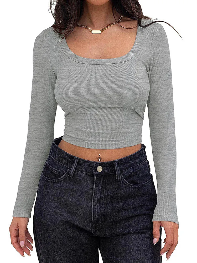 

Женский укороченный Топ с длинным рукавом и квадратным вырезом, облегающая футболка в рубчик Y2K, повседневные топы