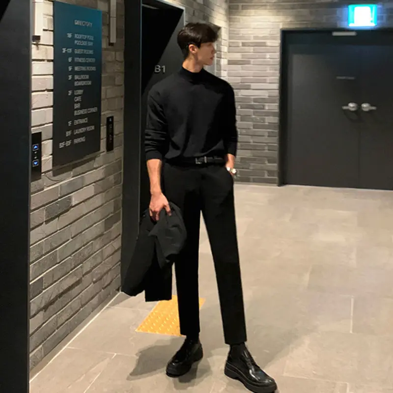 Spring Autumn 2023 Men's Suit Pants Slim Business Office Solid Color Straight Nine Point Classic Korean Trousers Male N55