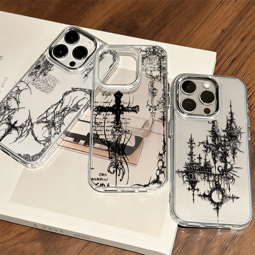 Black Retro Gothic Style Y2K Transparent Phone Case - Soft Silicone TPU Back Cover