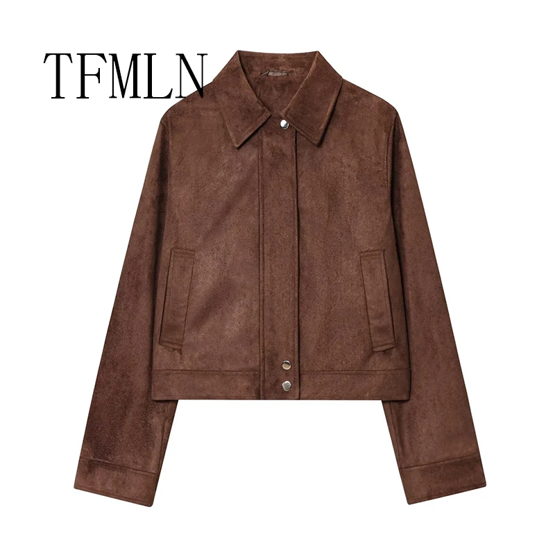TFMLN Women Fashion Short Suede Jacket Autumn Fashion Long Sleeve Zipper Solid Coat Chic Lady 2025 Streetwear