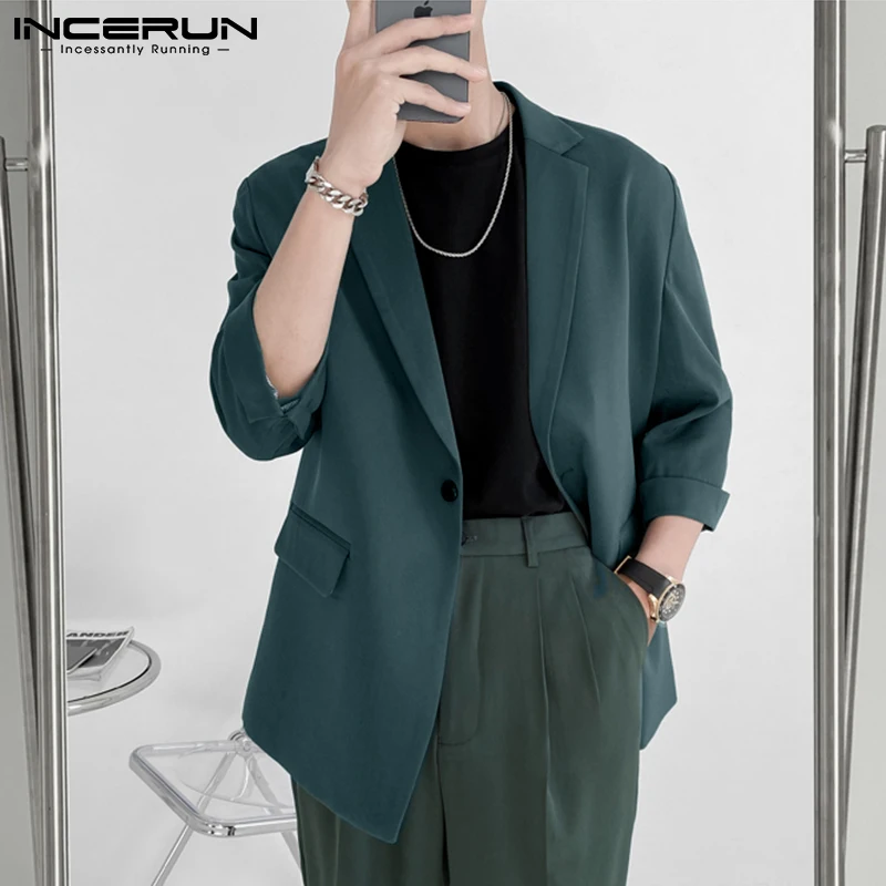 

INCERUN Fashion Men Blazer Streetwear Solid Color Lapel 3/4 Sleeve One Button Leisure Suits Men 2023 Casual Thin Jackets S-5XL