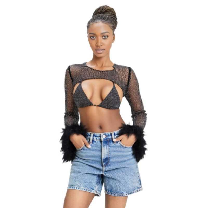Sparkling Emaono Maga Innov Apartamento Love Sexy Fishnet Strass Crop Top Damen Langarm Clubwear Festival Gothic Party Y2K T-Shirts