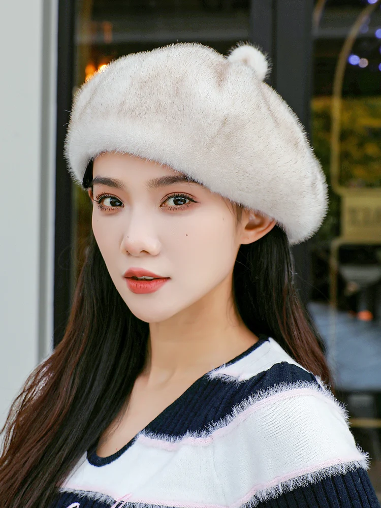 

French Beret Artist Warm Mink Winter Beanie Hat Retro Girl Plain Beret Solid Color Elegant Women's Winter Hat