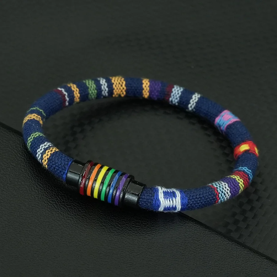 Rainbow Color Fabric Rope Bracelet with Magnet Buckle for Men and Women