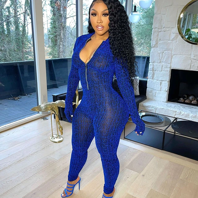 Trendy Zipper Patchwork Straight Leg Blue Jumpsuit – Stylesplash