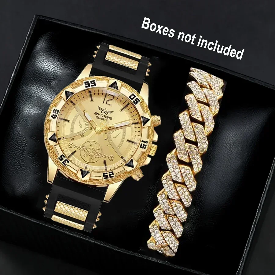 Business 2PCS Men's Fashion casual Luxury Silicone Band Diamond Quartz Bracelet Wrist Watch set（Box Not Included ）